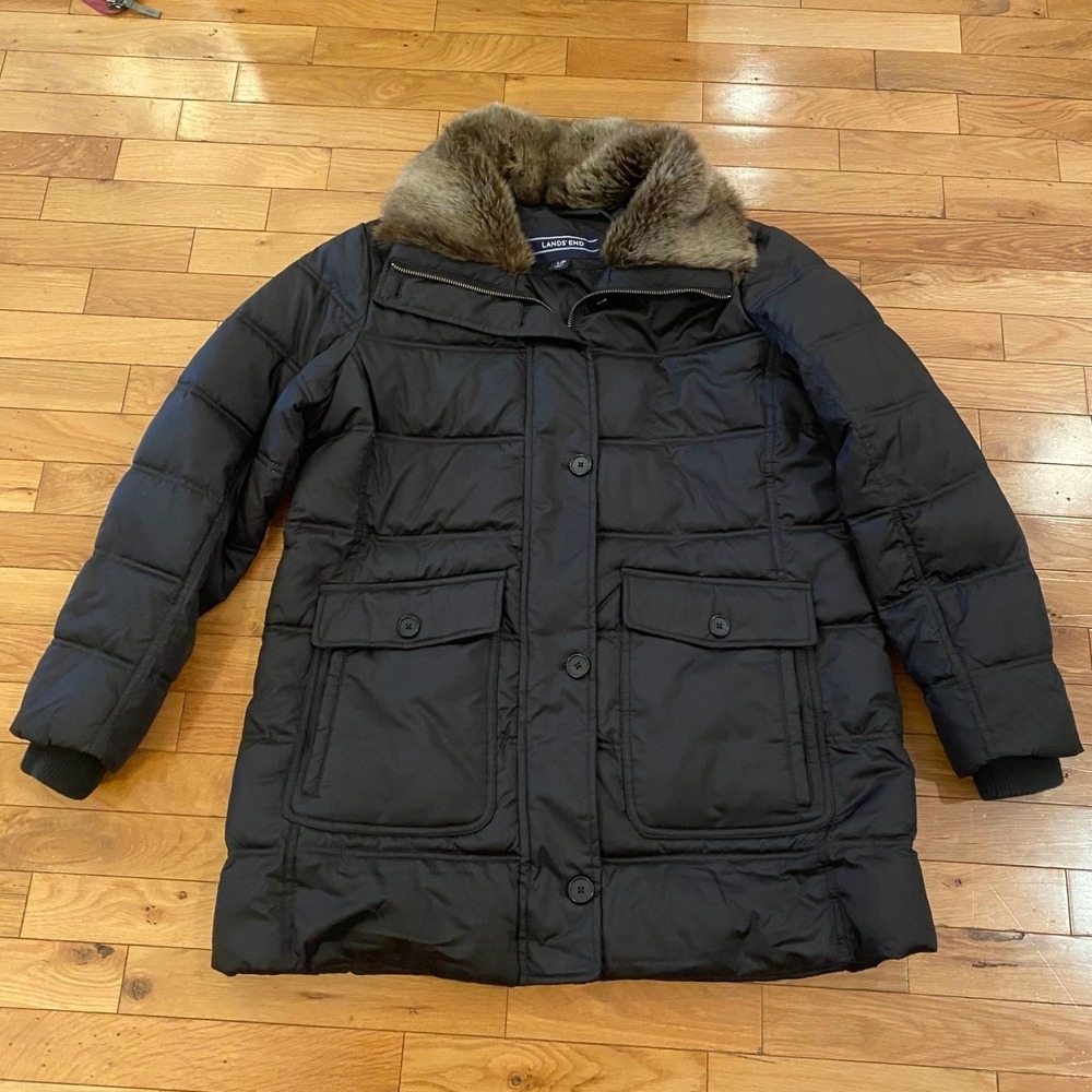 Lands End Women's Puffer Coat Faux Fur Trim Hood PrimaLoft‎ Winter Jacket Medium